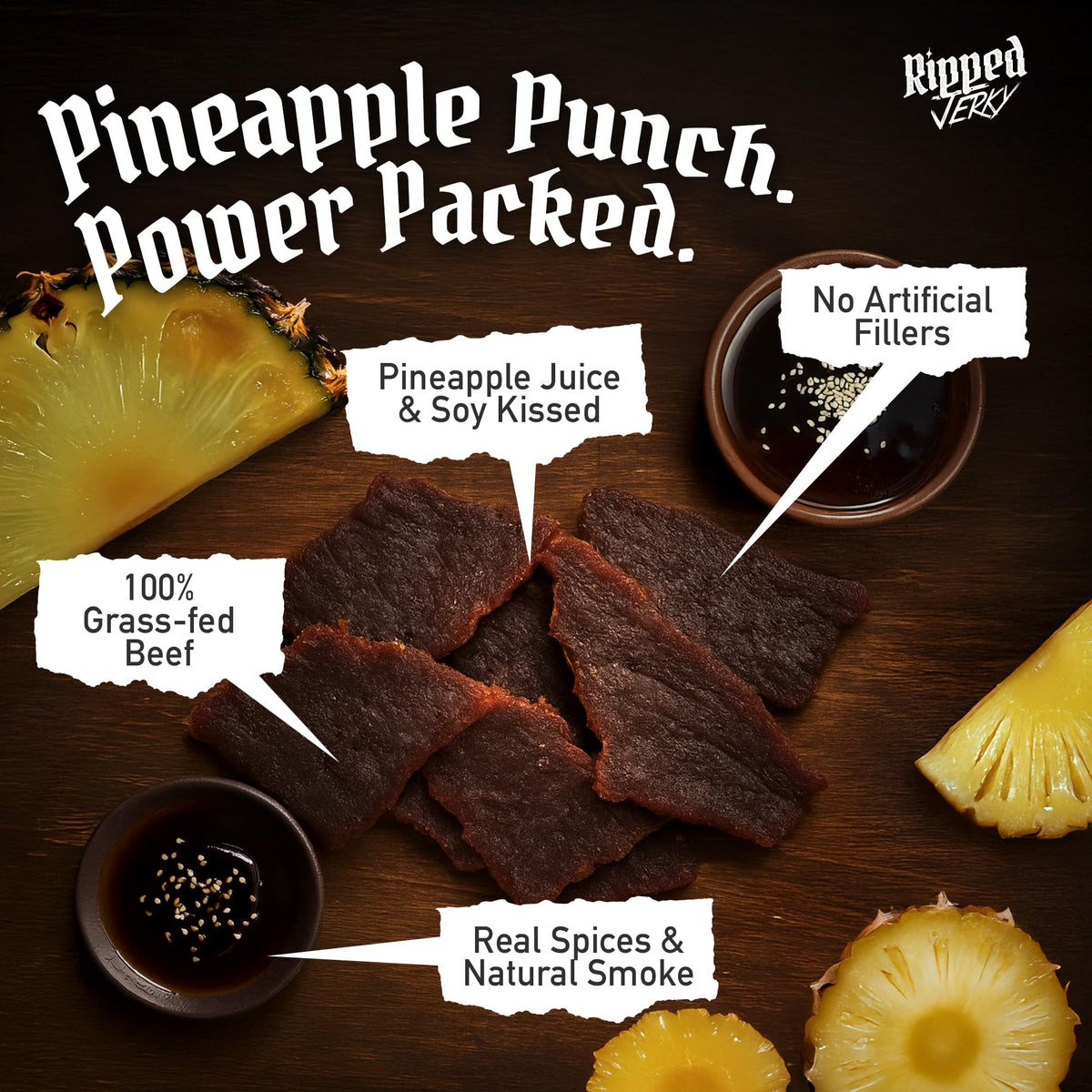 Ripped Beef Jerky Pineapple Pack – 100% Grass Fed, 20g Protein, Gluten Free, No MSG, Made in USA