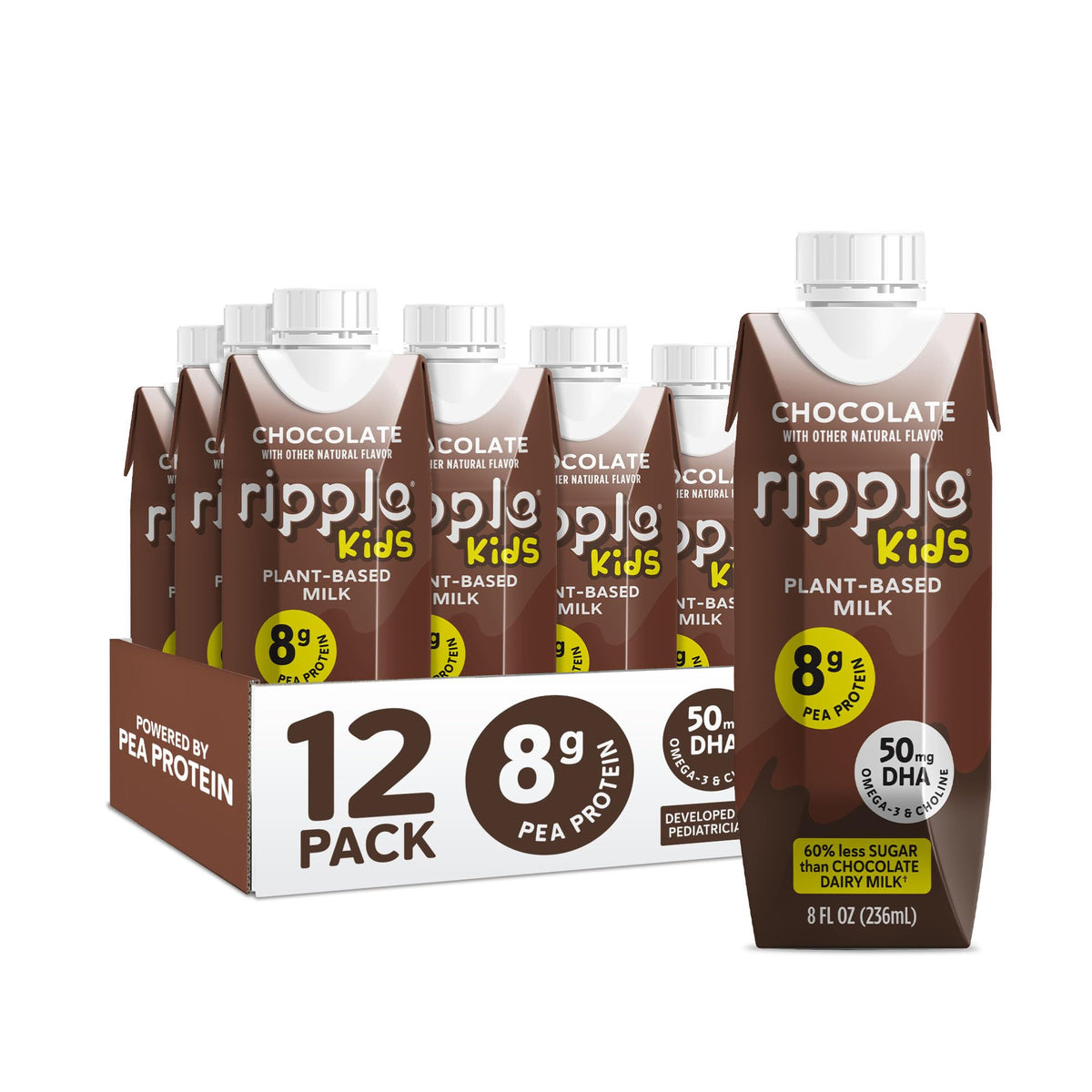 Ripple Kids Chocolate Plant Based Milk – 8 Fl Oz (Pack of 12) | 8 g Pea Protein, Shelf-Stable, Pediatrician-Recommended, Vegan & Non-GMO