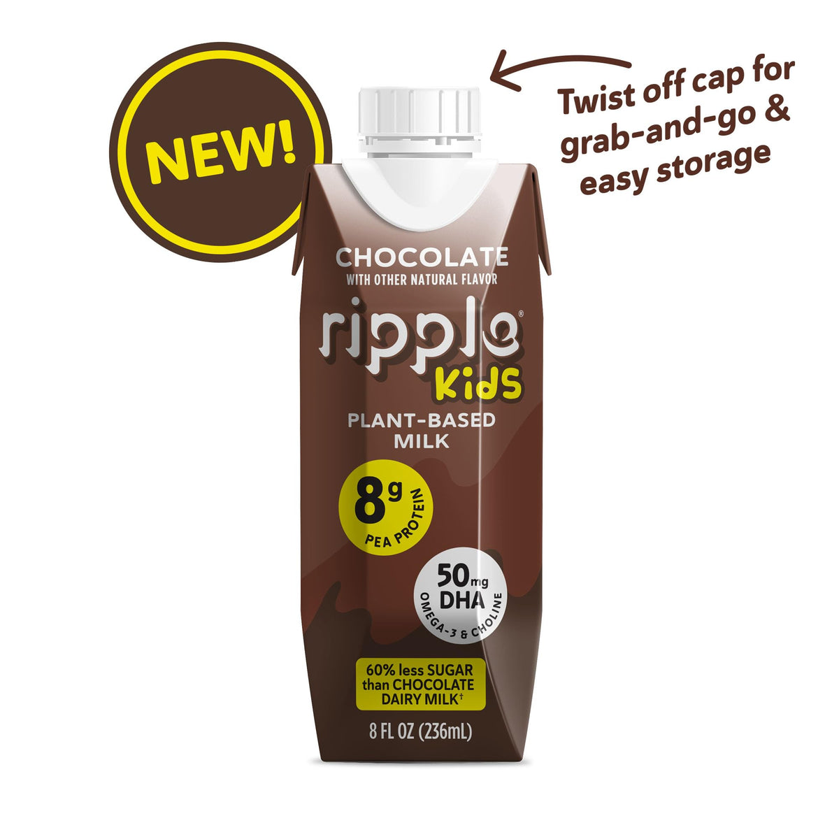Ripple Kids Chocolate Plant Based Milk – 8 Fl Oz (Pack of 12) | 8 g Pea Protein, Shelf-Stable, Pediatrician-Recommended, Vegan & Non-GMO
