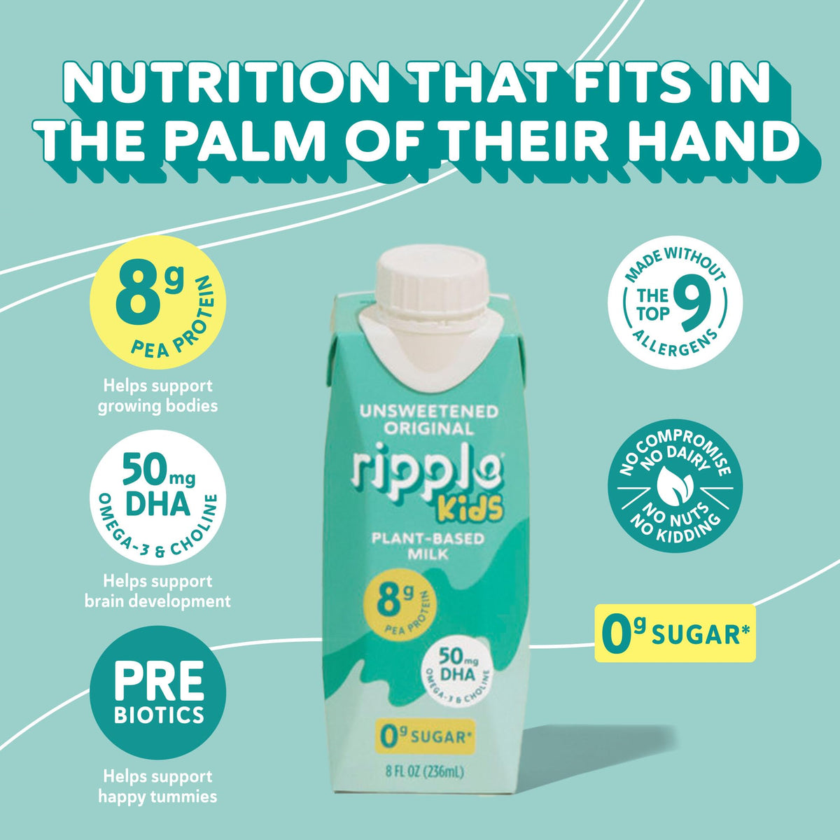 Ripple Kids Original Plant Based Milk | 8g Protein per Serving | Shelf-Stable & Pediatrician-Recommended | Dairy/Nut/Soy/Gluten/Lactose Free | 8 Fl Oz Pack of 12 Unsweetened