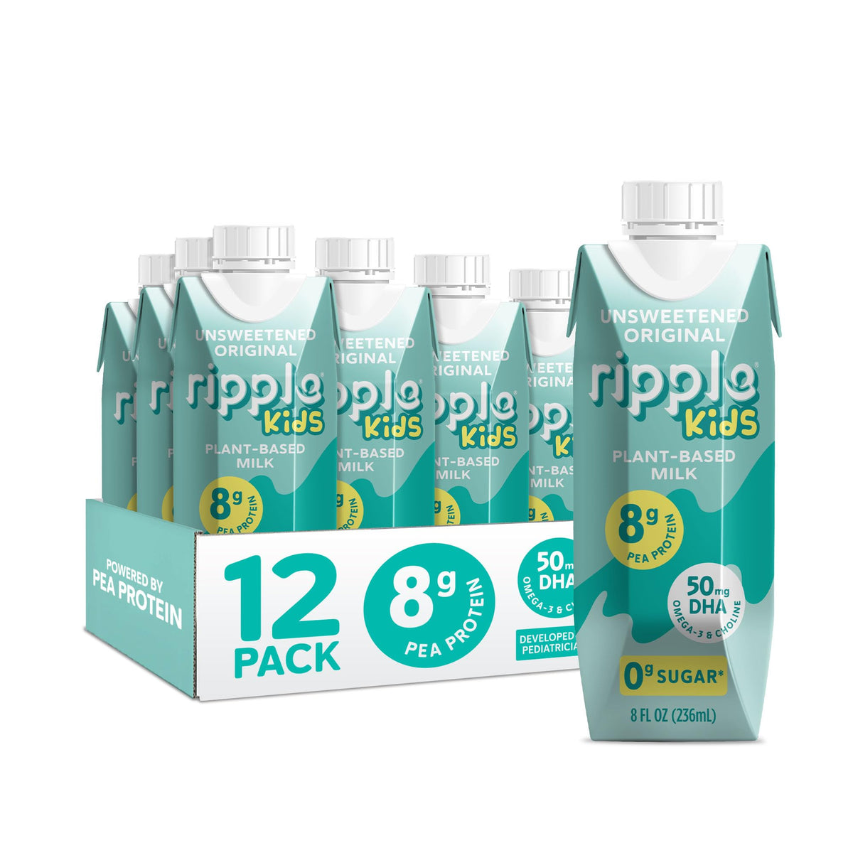 Ripple Kids Original Plant Based Milk | 8g Protein per Serving | Shelf-Stable & Pediatrician-Recommended | Dairy/Nut/Soy/Gluten/Lactose Free | 8 Fl Oz Pack of 12 Unsweetened