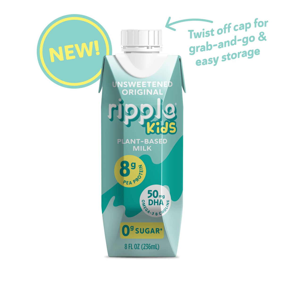 Ripple Kids Original Plant Based Milk | 8g Protein per Serving | Shelf-Stable & Pediatrician-Recommended | Dairy/Nut/Soy/Gluten/Lactose Free | 8 Fl Oz Pack of 12 Unsweetened
