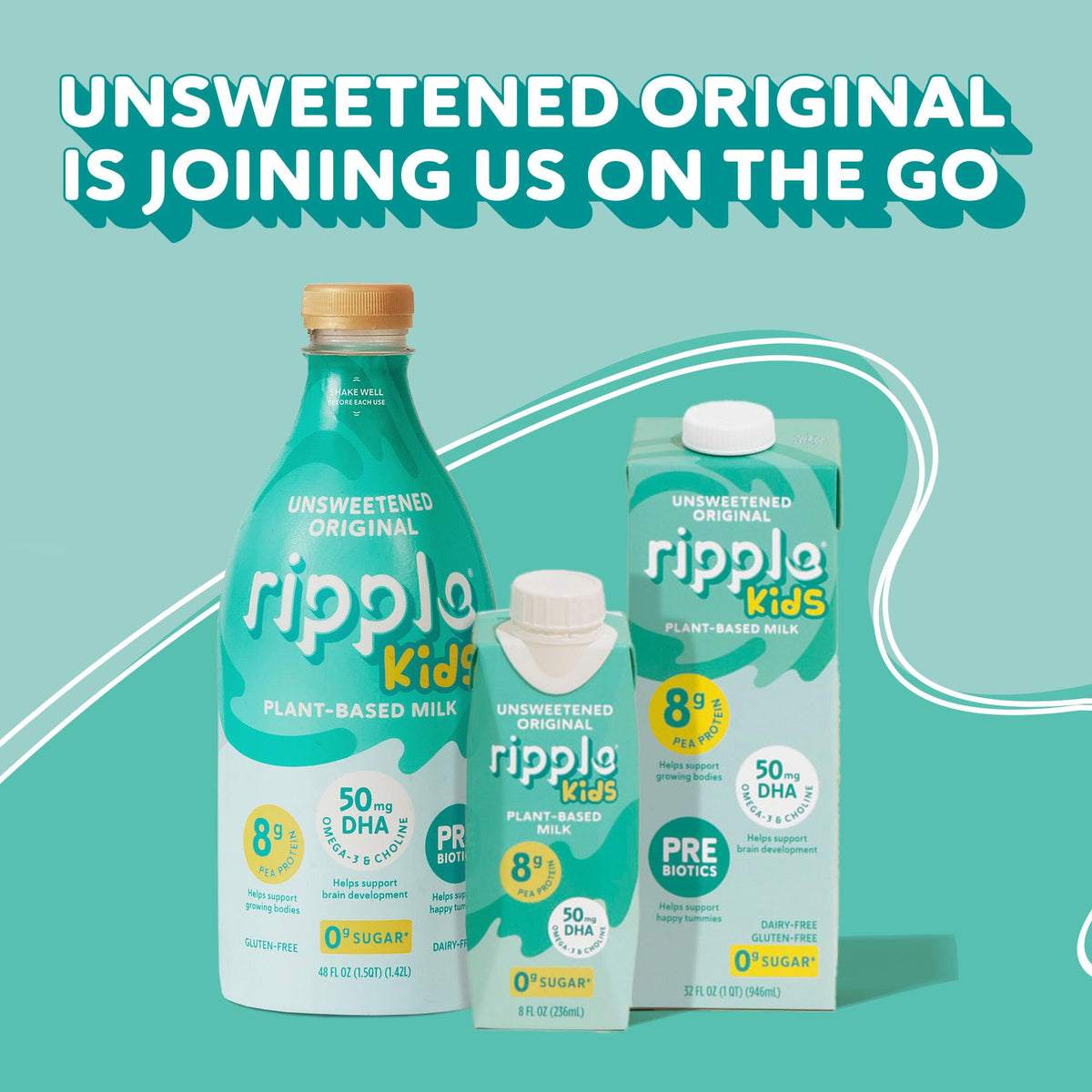 Ripple Kids Original Plant Based Milk | 8g Protein per Serving | Shelf-Stable & Pediatrician-Recommended | Dairy/Nut/Soy/Gluten/Lactose Free | 8 Fl Oz Pack of 12 Unsweetened