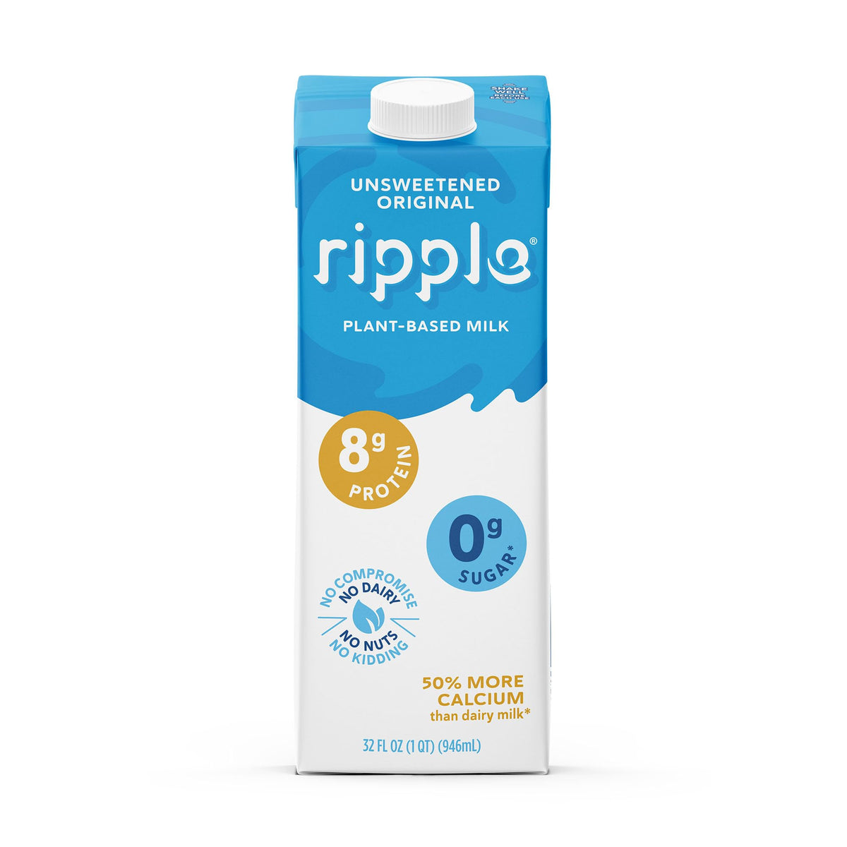 Ripple Unsweetened Original Plant Based Milk | 8g Protein, Calcium Rich, Shelf-Stable | Vegan, Non-GMO | 32 Fl Oz Cartons (Pack of 6)