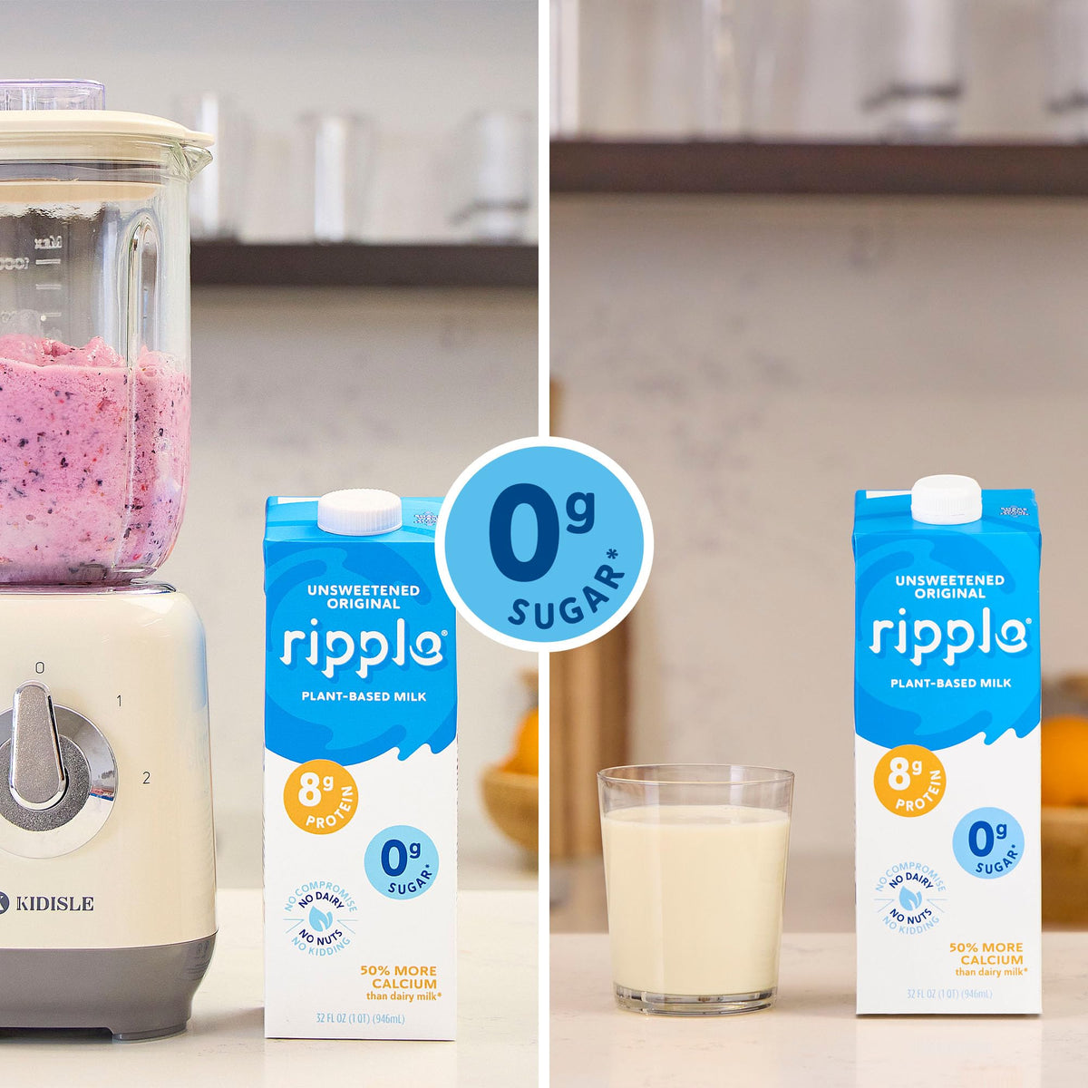 Ripple Unsweetened Original Plant Based Milk | 8g Protein, Calcium Rich, Shelf-Stable | Vegan, Non-GMO | 32 Fl Oz Cartons (Pack of 6)