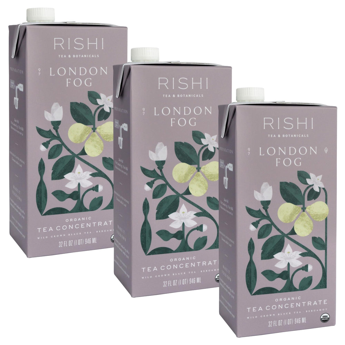 Rishi Tea London Fog Latte – Organic Black Tea Concentrate with Bergamot | Easy Hot or Iced Earl Grey Mix | 32 fl oz Carton (Pack of 3)