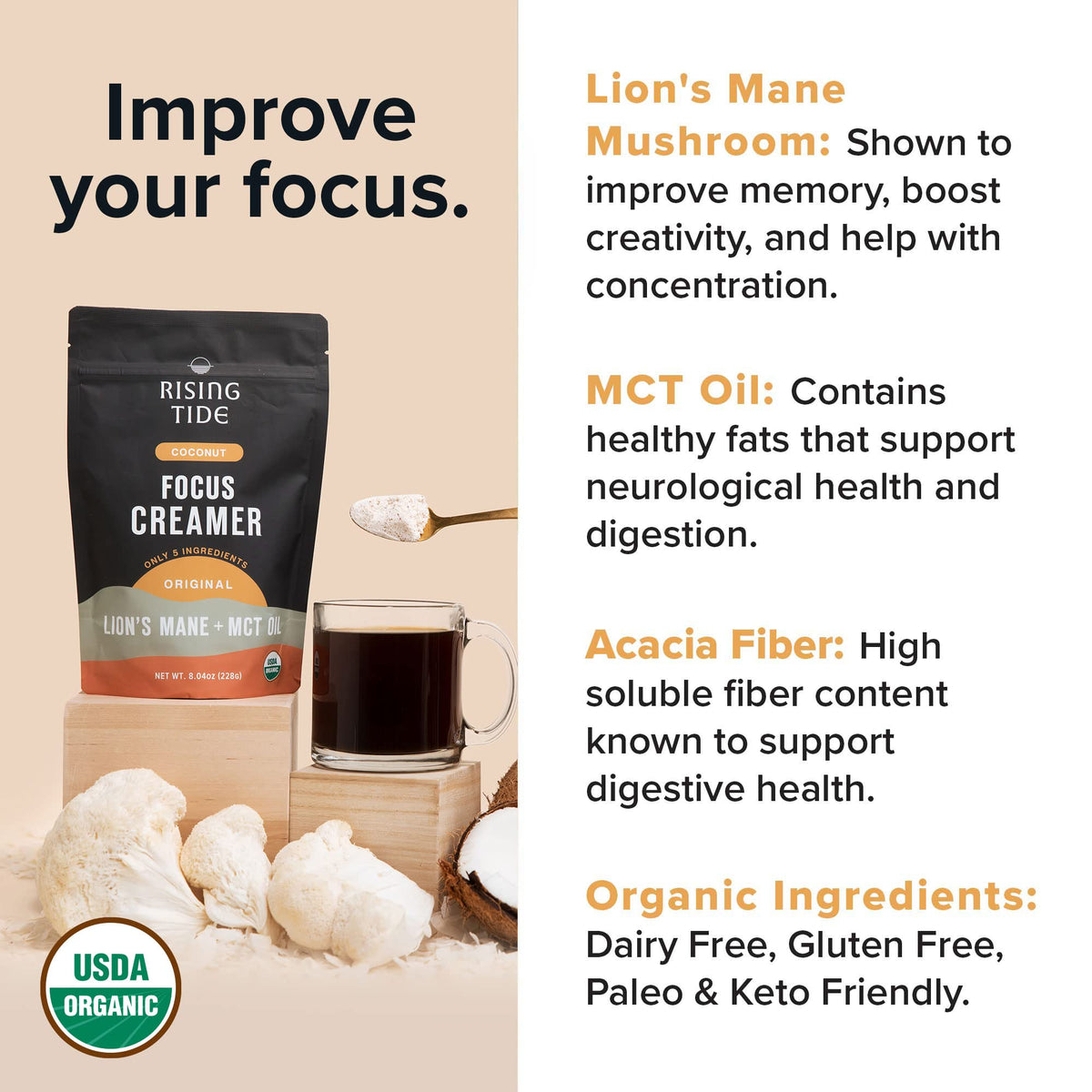 Rising Tide Organic Mushroom Creamer – Coconut Milk Powder, Lions Mane, MCT Oil | Non-Dairy Keto Coffee Creamer