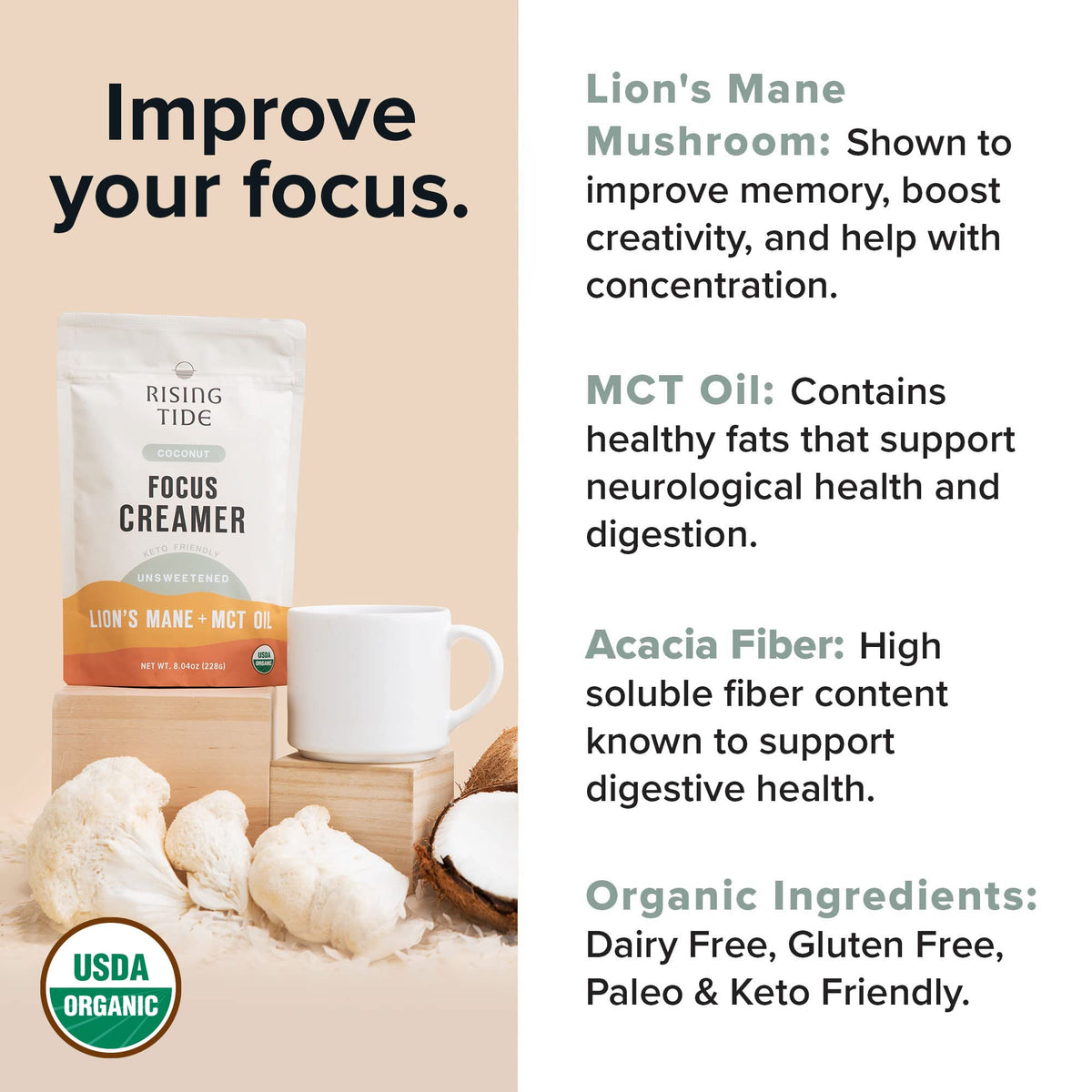 Rising Tide Organic Mushroom Creamer - Dairy Free, Unsweetened, Lions Mane and MCT - Only 4 Ingredients
