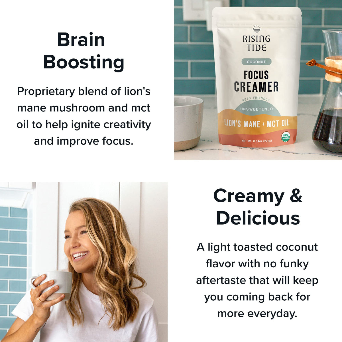 Rising Tide Organic Mushroom Creamer - Dairy Free, Unsweetened, Lions Mane and MCT - Only 4 Ingredients