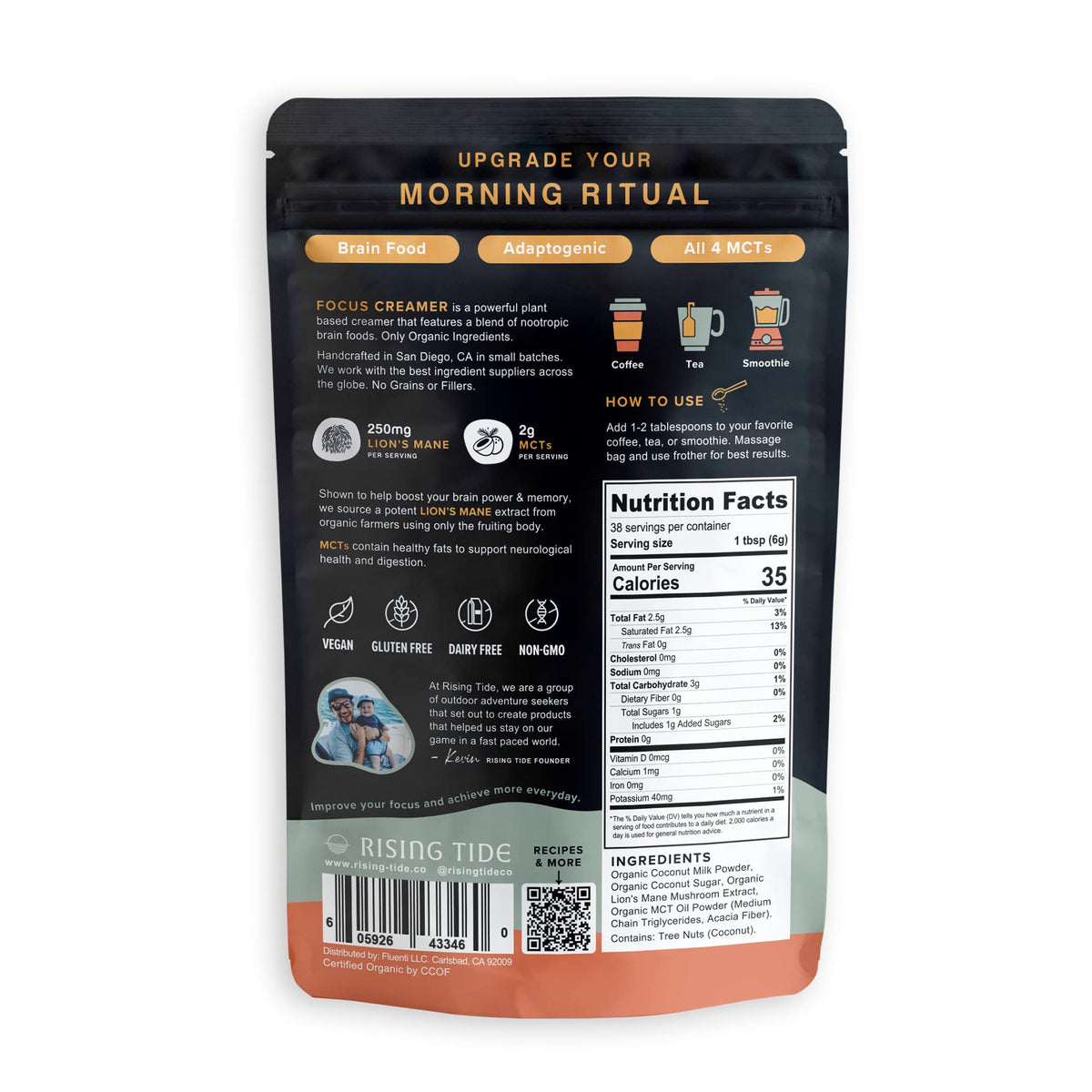 Rising Tide Organic Mushroom Creamer – Coconut Milk Powder, Lions Mane, MCT Oil | Non-Dairy Keto Coffee Creamer