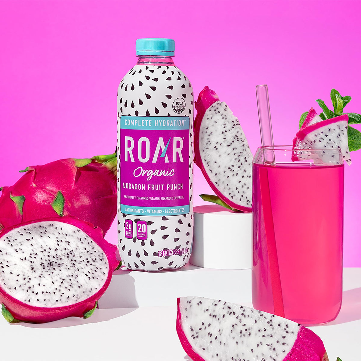 ROAR Complete Hydration Organic – Dragonfruit Punch Electrolyte Drink with Vitamin C, B5, B12 | Non-GMO, Gluten Free – 12 Pack