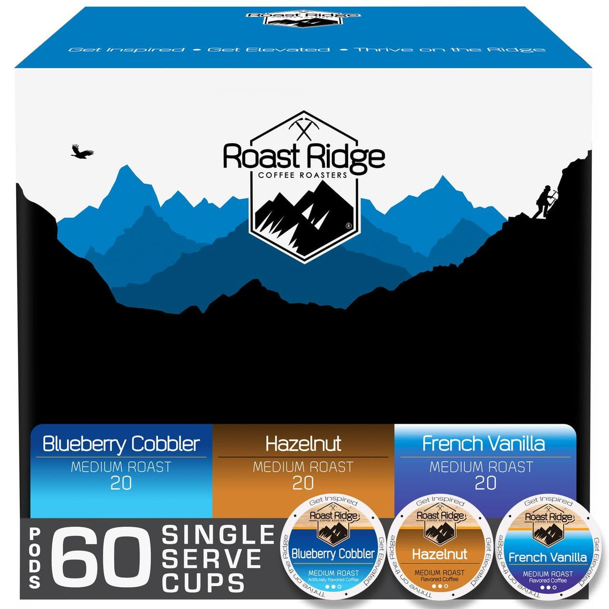 Roast Ridge Single Serve Coffee Pods for Keurig – 60 Count (Blueberry Cobbler, Hazelnut, French Vanilla)