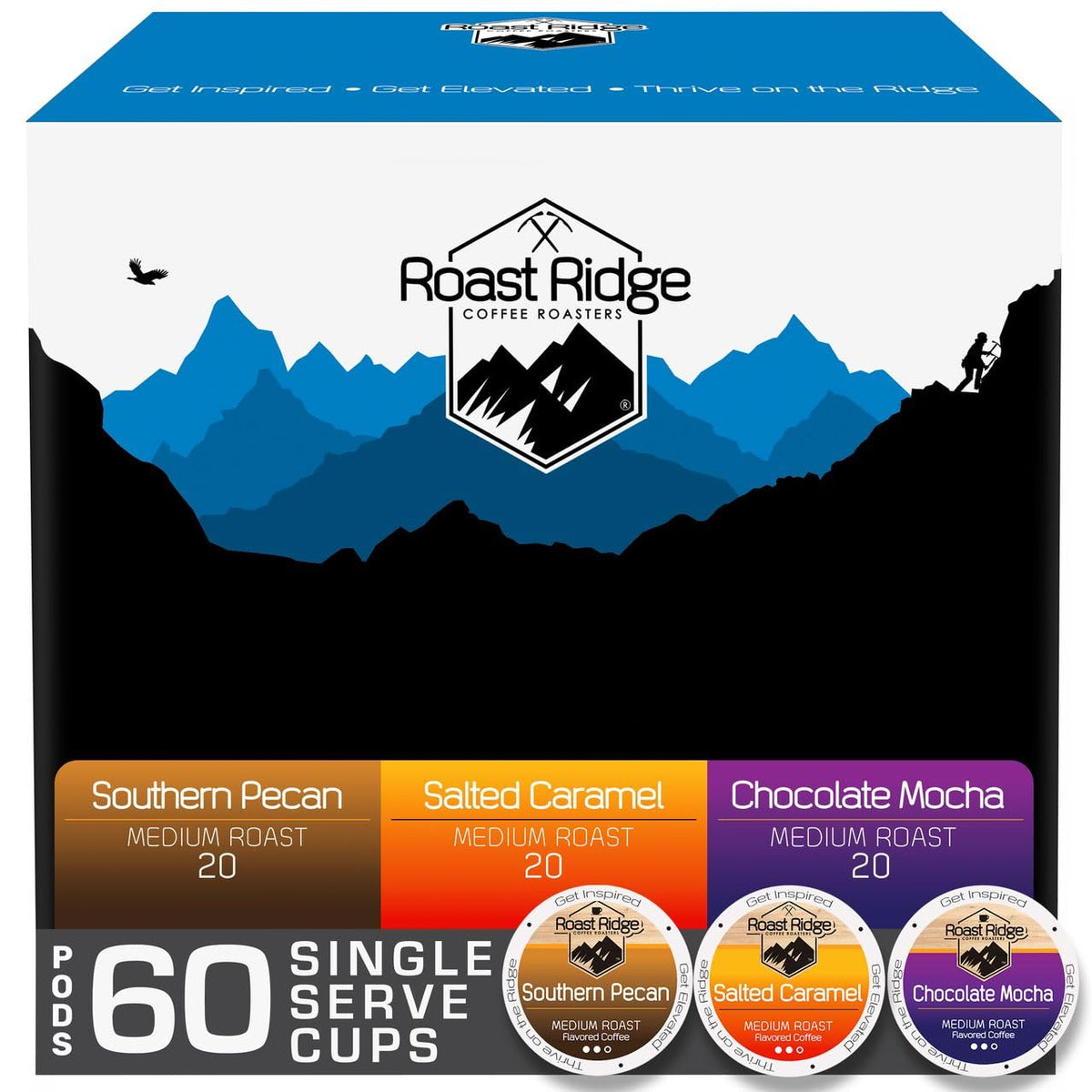 Roast Ridge Keurig K-Cup Pods – Flavored Medium Roast Variety Pack, 60 Count (20 each: Southern Pecan, Salted Caramel, Chocolate Mocha)