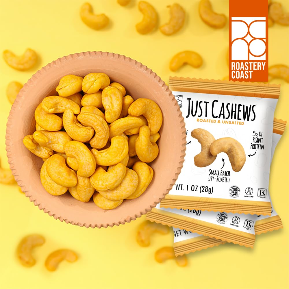 Roastery Coast Just Cashews Unsalted – 24-Pack, 1oz Each | Non-GMO, Gluten Free, Kosher
