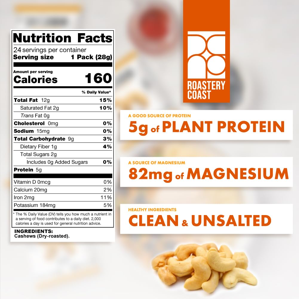 Roastery Coast Just Cashews Unsalted – 24-Pack, 1oz Each | Non-GMO, Gluten Free, Kosher