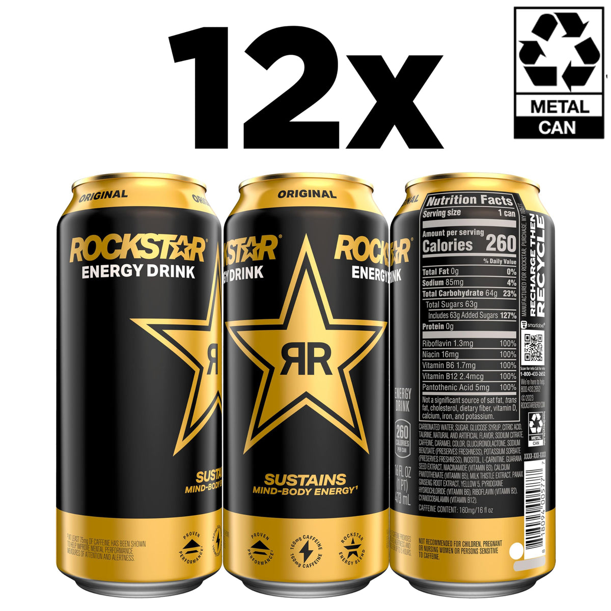 Rockstar Original Energy Drink 16oz — 12 Pack | Caffeine, Guarana, Taurine