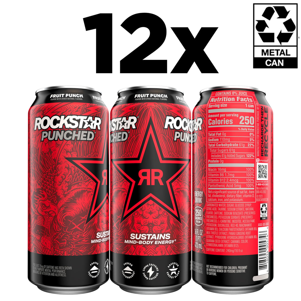 Rockstar Punched Energy Drink Fruit Punch - 16oz Cans (12-Pack) | Rockstar