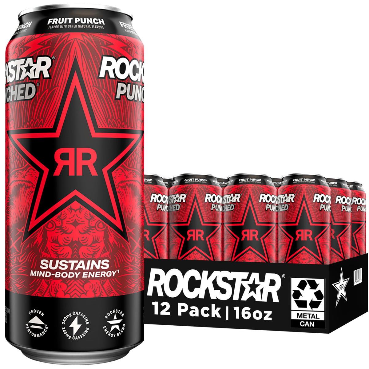 Rockstar Punched Energy Drink Fruit Punch - 16oz Cans (12-Pack) | Rockstar