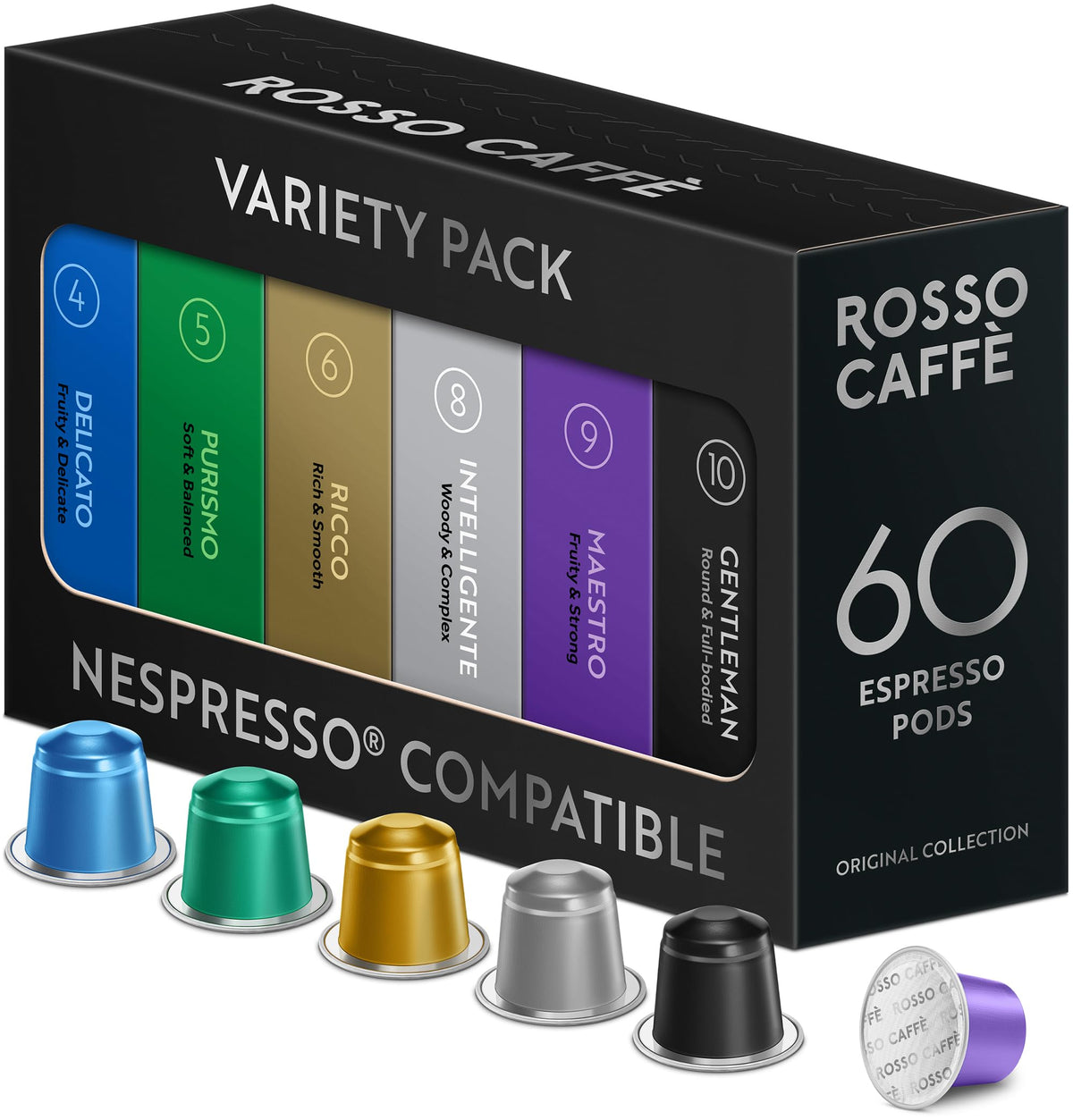 ROSSO CAFFÈ 60 Espresso Pods for Nespresso Original – 6-Flavor Premium Sampler Pack