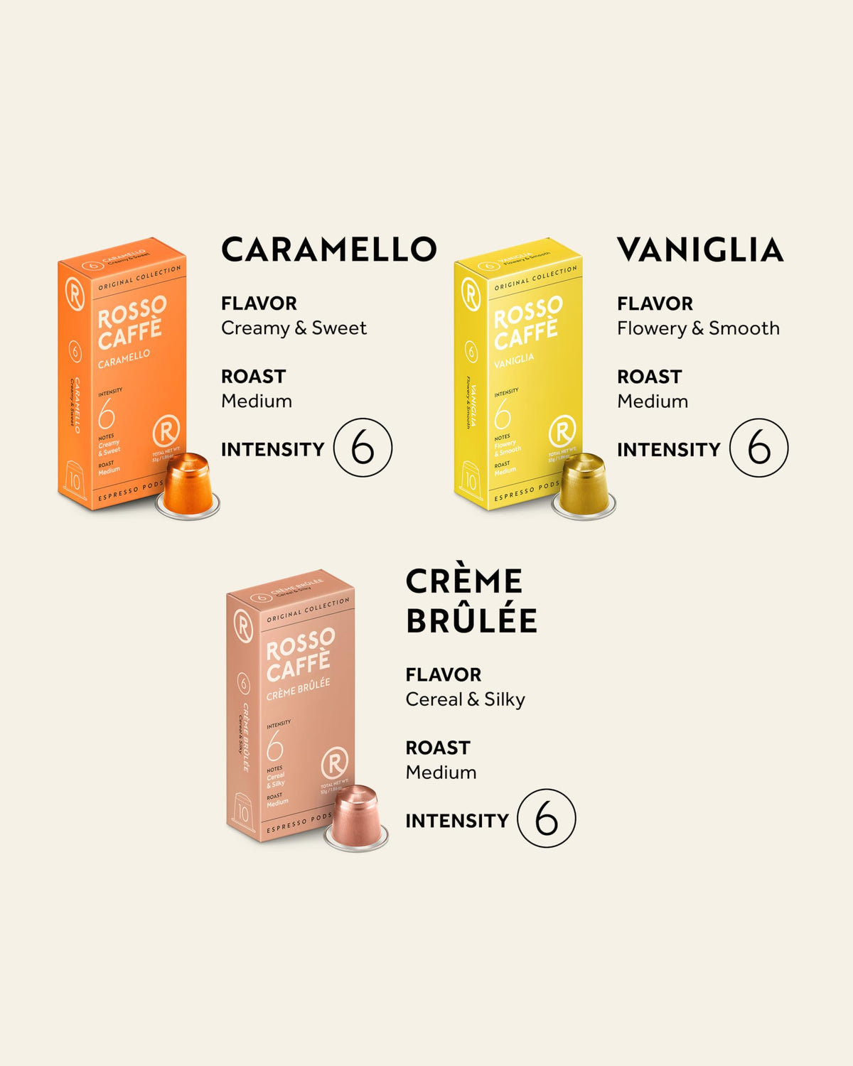 Rosso Caffè 60 Espresso Pods for Nespresso Original Machines - Vanilla, Creme Brulee & Caramel