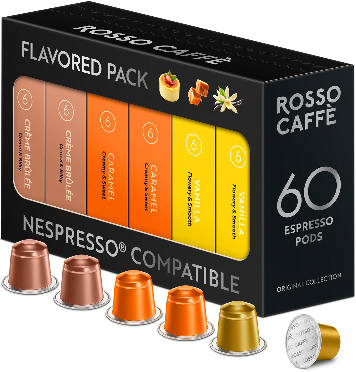 Rosso Caffè 60 Espresso Pods for Nespresso Original Machines - Vanilla, Creme Brulee & Caramel