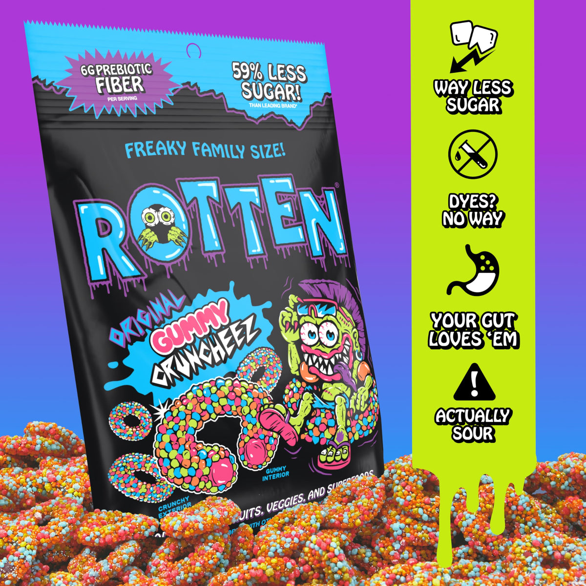 Rotten Original Gummy Cruncheez – Low Sugar, Gut-Friendly Prebiotic Fiber, Gluten Free Candy – 5.3 oz Share Pack (4 Pack)