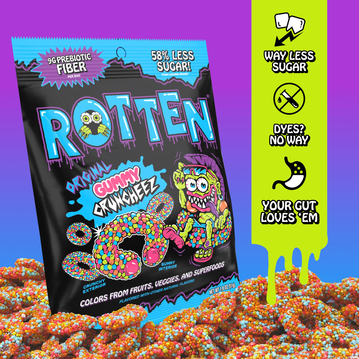 Rotten Original Gummy Cruncheez – Low Sugar, 5g Gut-Friendly Prebiotic Fiber, Gluten Free Candy (8-Pack)