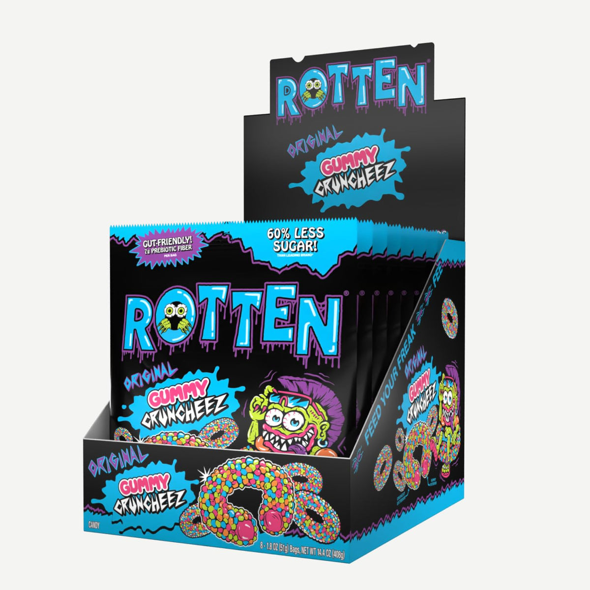 Rotten Original Gummy Cruncheez – Low Sugar, 5g Gut-Friendly Prebiotic Fiber, Gluten Free Candy (8-Pack)