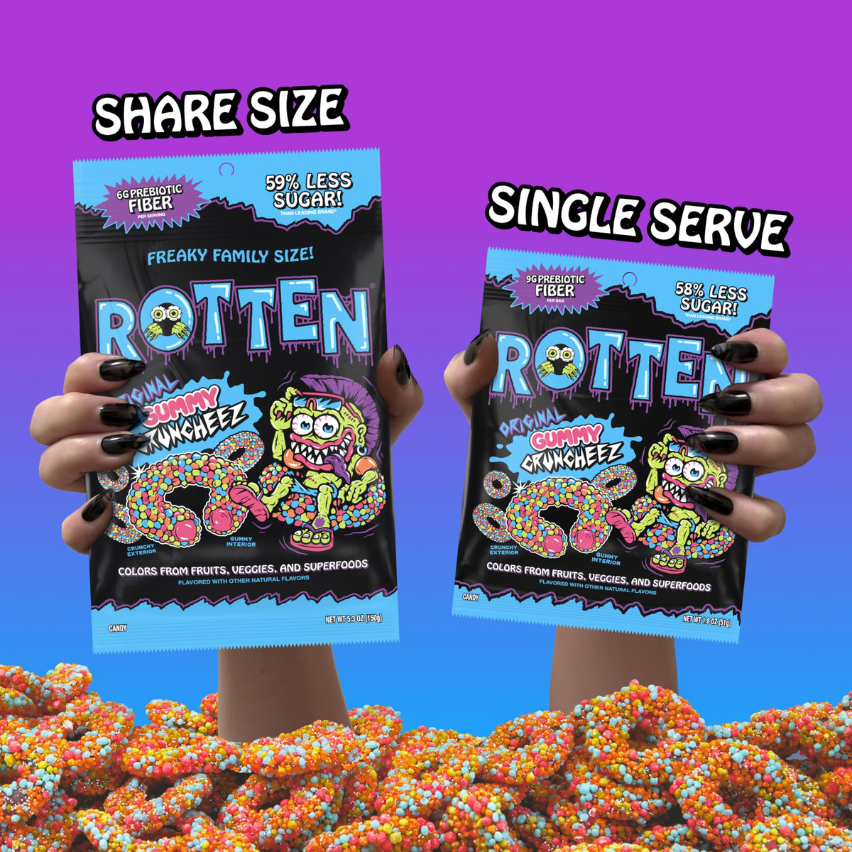Rotten Original Gummy Cruncheez – Low Sugar, Gut-Friendly Prebiotic Fiber, Gluten Free Candy – 5.3 oz Share Pack (4 Pack)