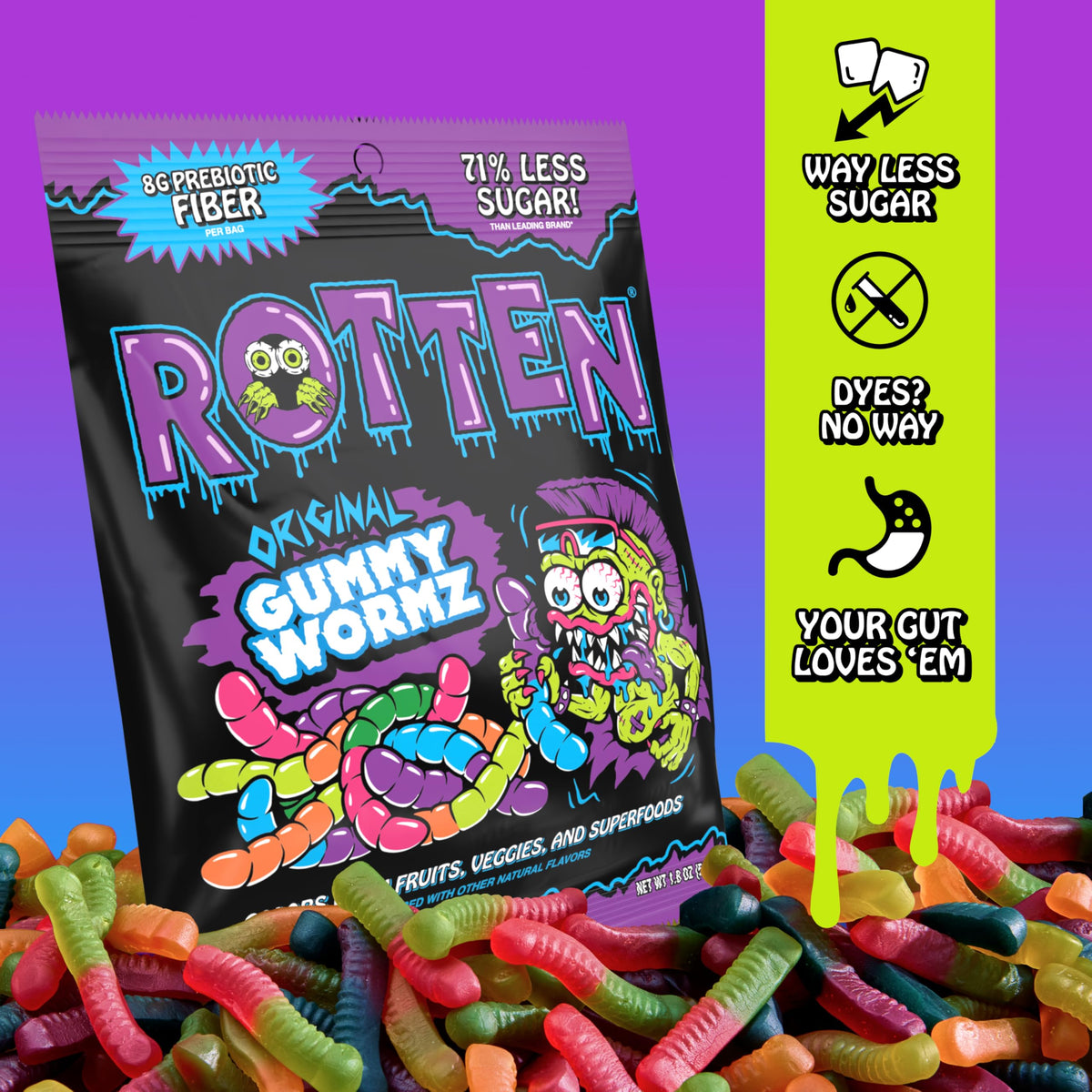 Rotten Original Gummy Worms – Low Sugar, Low Calorie, 7g Prebiotic Fiber & 3g Protein, Gluten Free Candy (1.8 oz, 8-Pack)