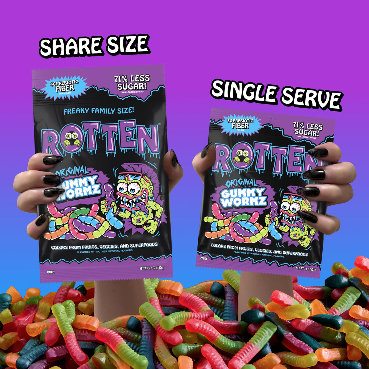 Rotten Original Gummy Worms – Low Sugar, 7g Prebiotic Fiber & 3g Protein, Gluten Free Candy – 5.3 oz Share Pack [4 Pack]