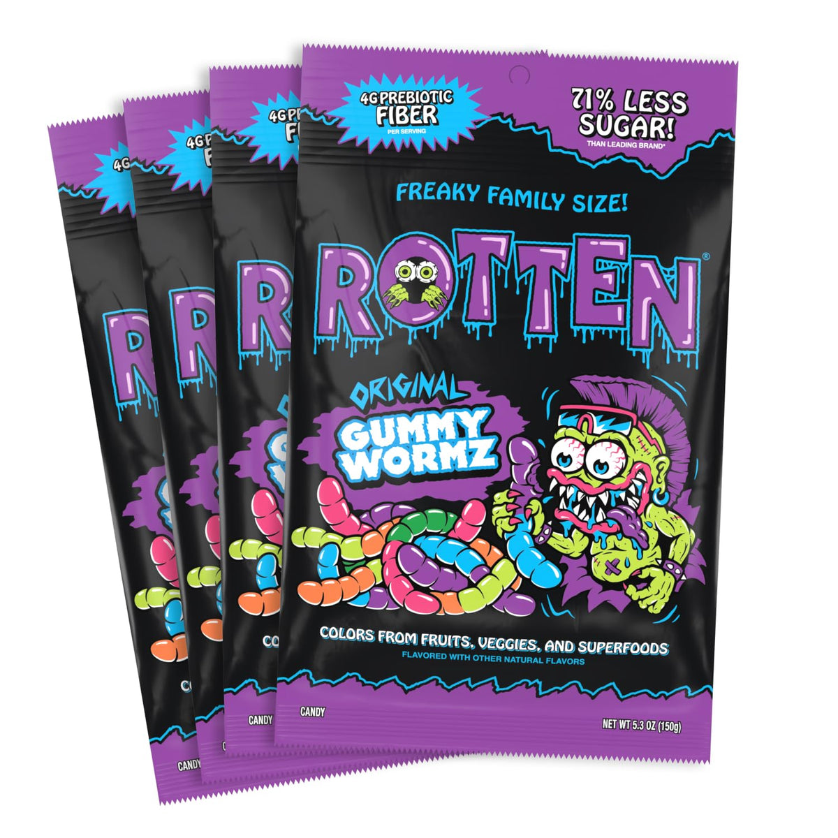 Rotten Original Gummy Worms – Low Sugar, 7g Prebiotic Fiber & 3g Protein, Gluten Free Candy – 5.3 oz Share Pack [4 Pack]