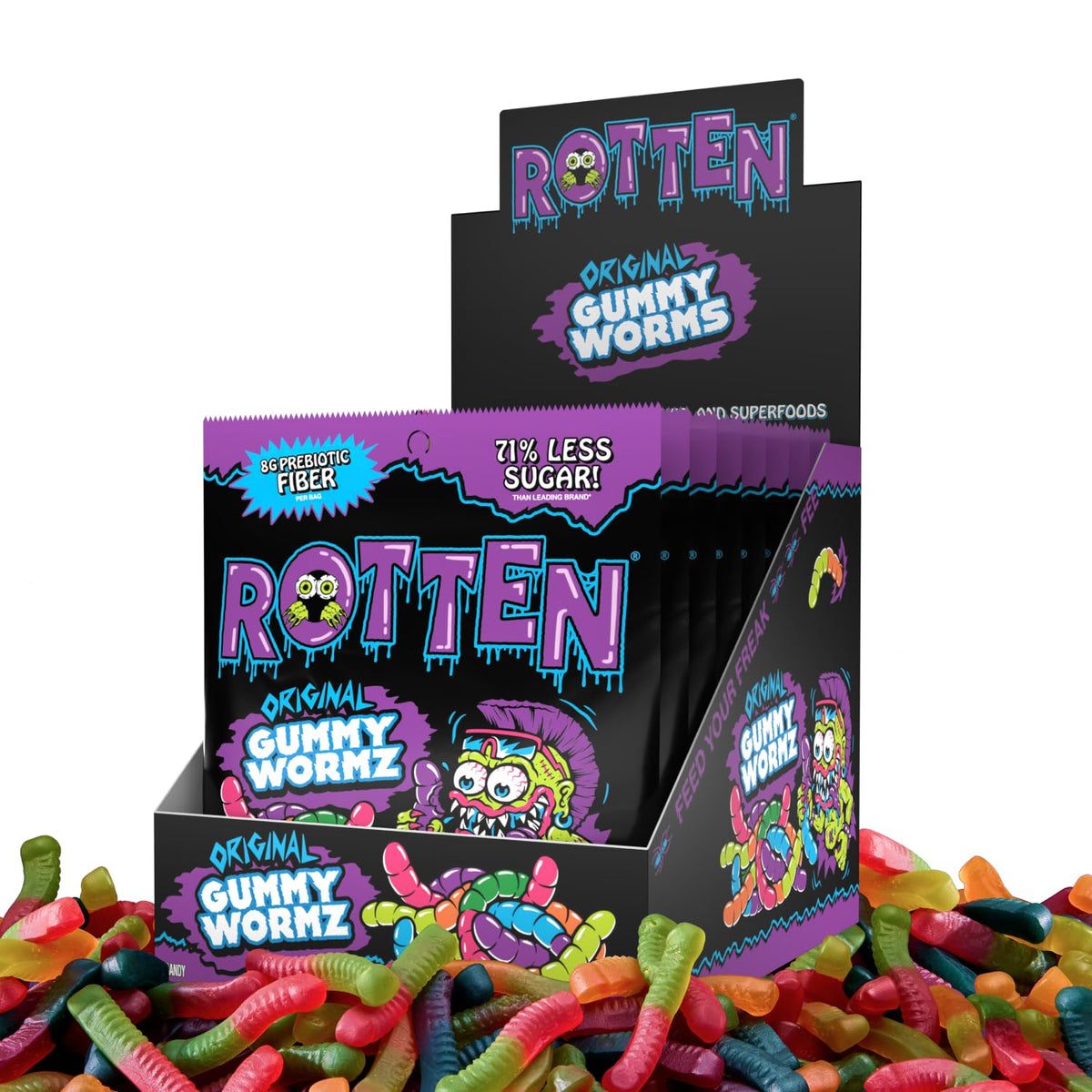 Rotten Original Gummy Worms – Low Sugar, Low Calorie, 7g Prebiotic Fiber & 3g Protein, Gluten Free Candy (1.8 oz, 8-Pack)