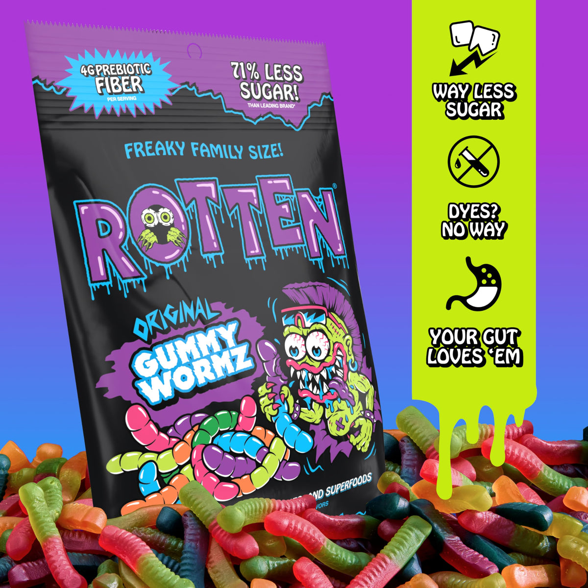 Rotten Original Gummy Worms – Low Sugar, 7g Prebiotic Fiber & 3g Protein, Gluten Free Candy – 5.3 oz Share Pack [4 Pack]