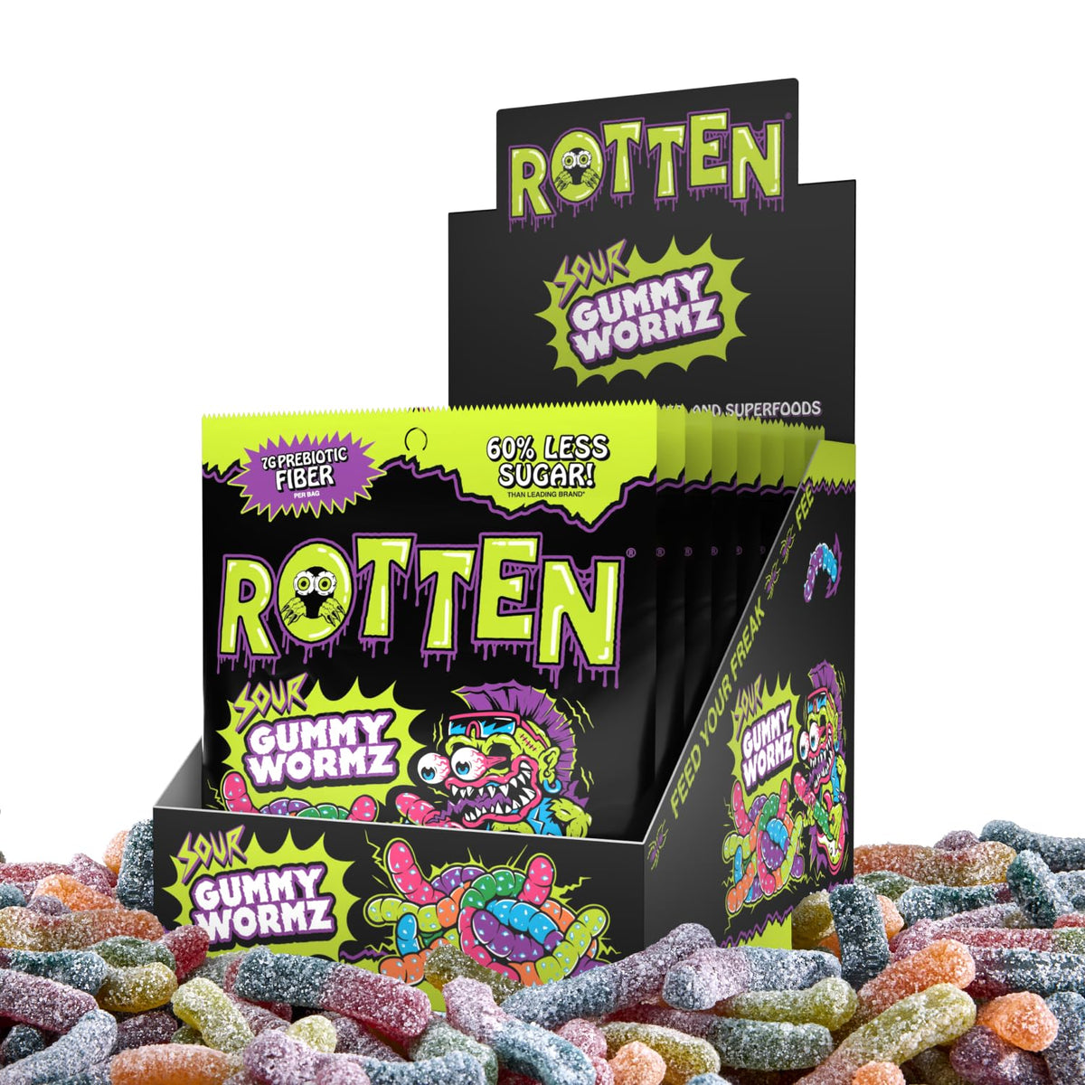 Rotten Sour Gummy Worms – Low Sugar, 7g Prebiotic Fiber, 3g Protein, Gluten Free Candy | 1.8 oz 8-Pack