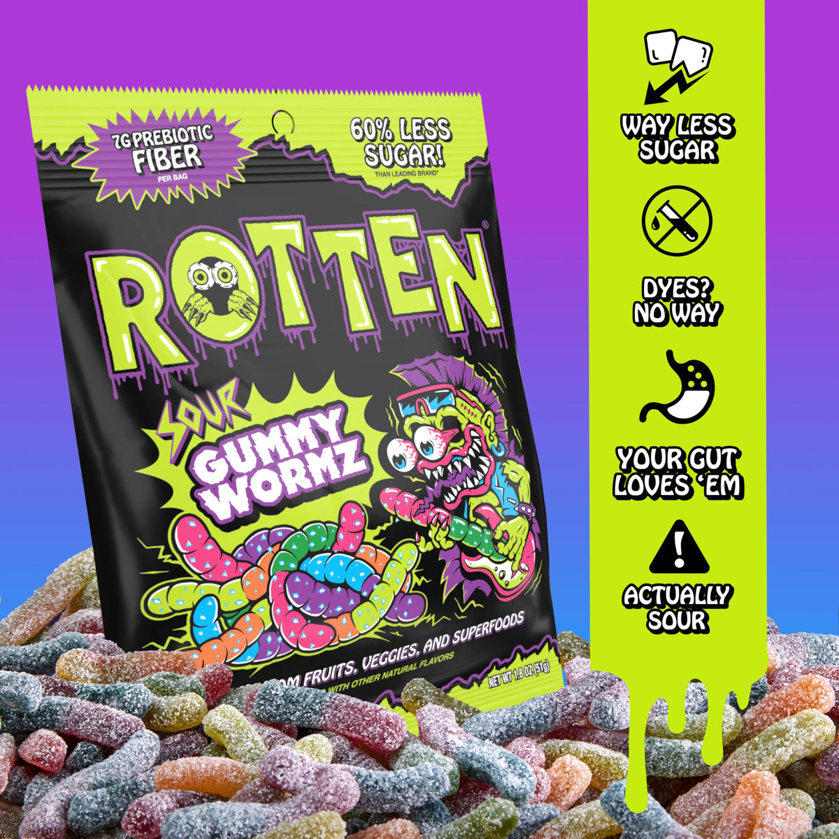 Rotten Sour Gummy Worms – Low Sugar, 7g Prebiotic Fiber, 3g Protein, Gluten Free Candy | 1.8 oz 8-Pack
