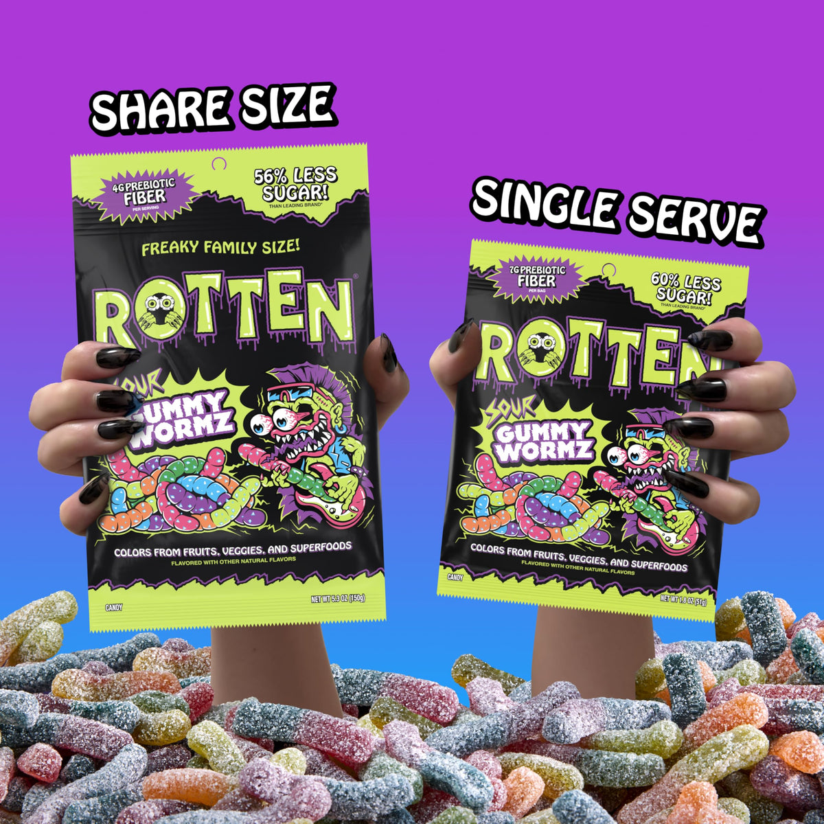 Rotten Sour Gummy Worms – Low Sugar, 7g Prebiotic Fiber, 3g Protein, Gluten Free Candy | 1.8 oz 8-Pack