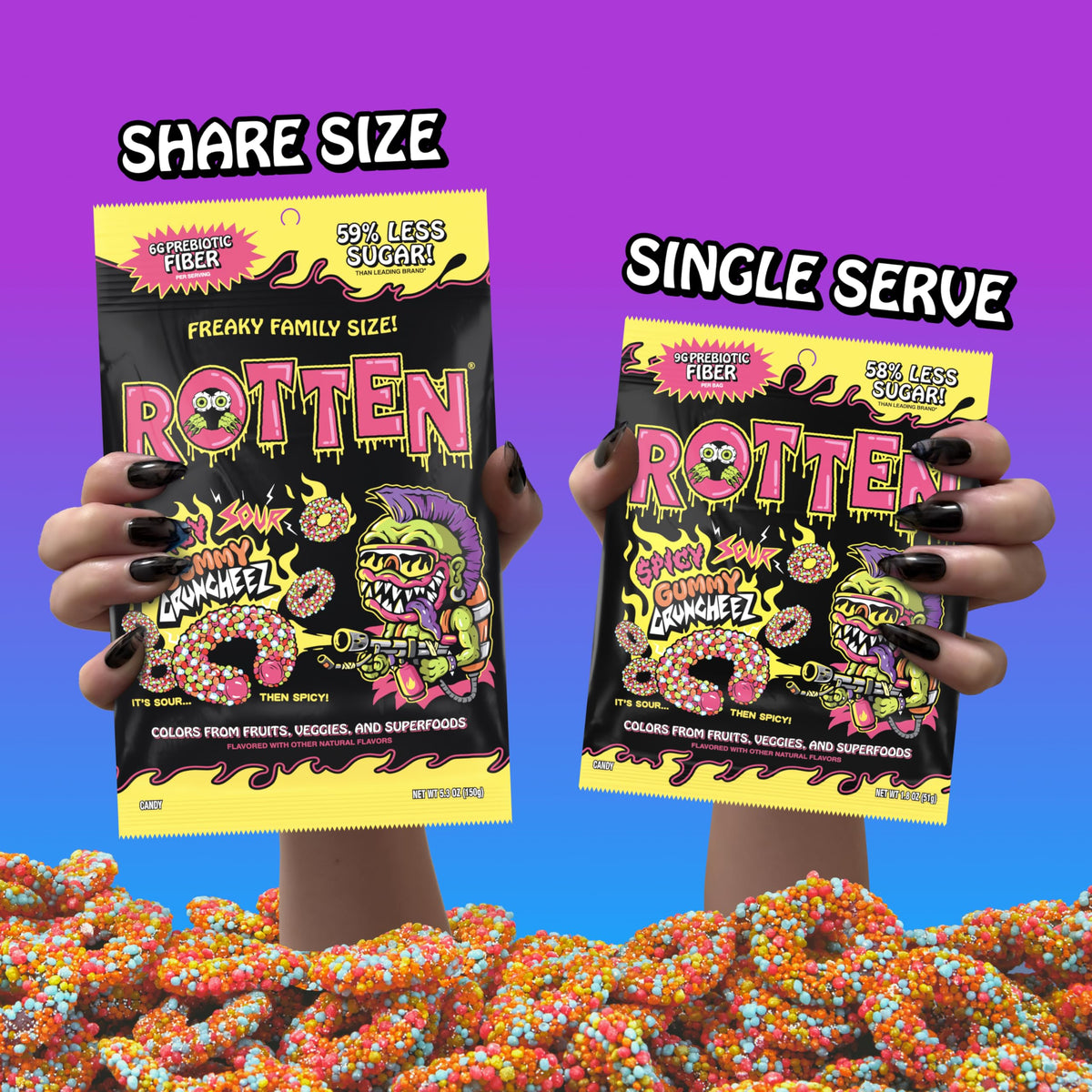 Rotten Spicy Sour Gummy Cruncheez – Low Sugar, 5g Prebiotic Fiber, Gluten Free (8-Pack)