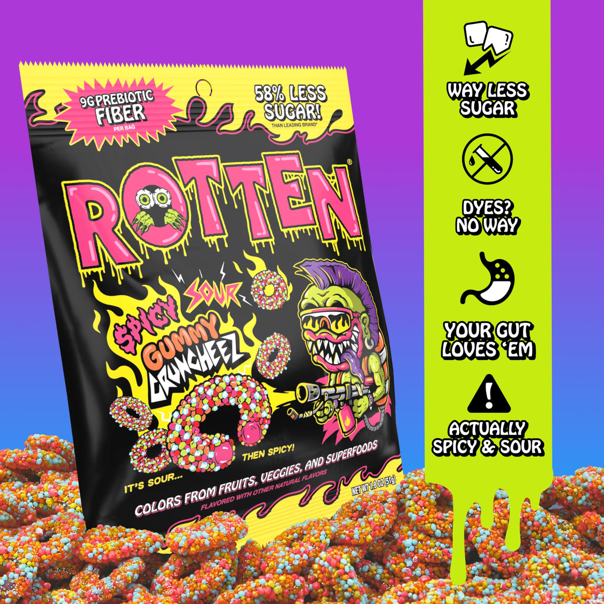 Rotten Spicy Sour Gummy Cruncheez – Low Sugar, 5g Prebiotic Fiber, Gluten Free (8-Pack)