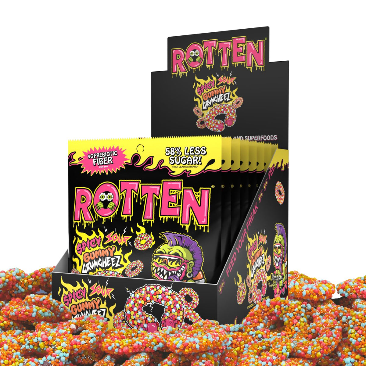 Rotten Spicy Sour Gummy Cruncheez – Low Sugar, 5g Prebiotic Fiber, Gluten Free (8-Pack)