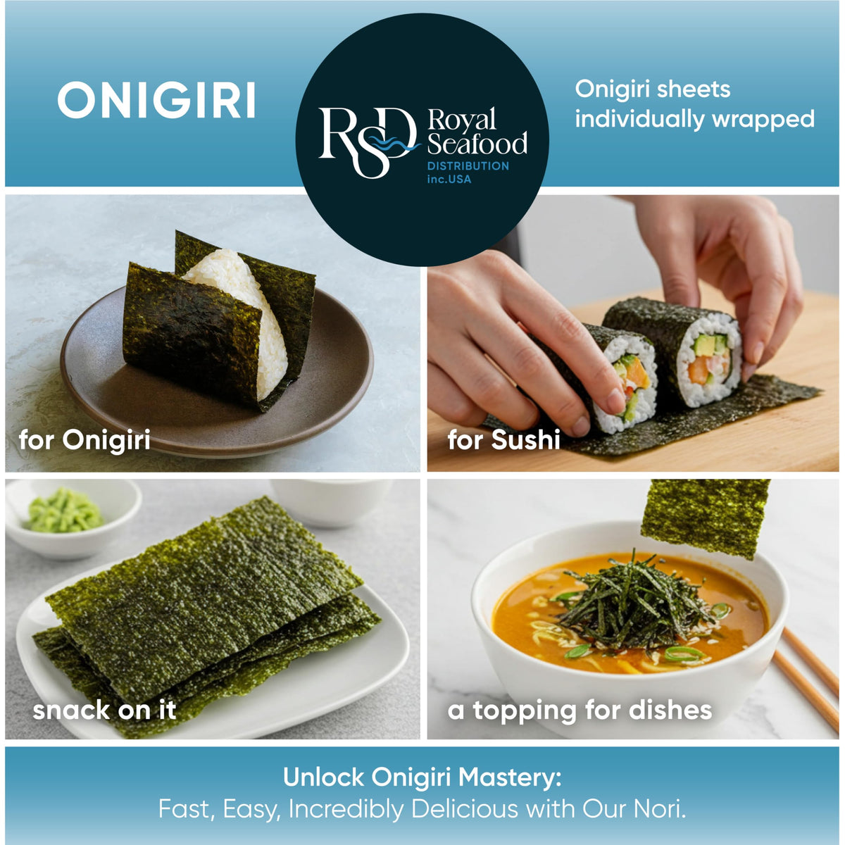 Royal Seafood Distribution RSD Onigiri Seaweed Sheets – 100 Premium Roasted Nori for Sushi & Onigiri