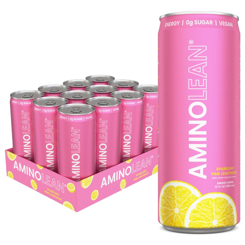 RSP NUTRITION AminoLean Energy Drink – Sugar Free, 200 mg Caffeine, Vegan Aminos, Pink Lemonade (12 Pack)