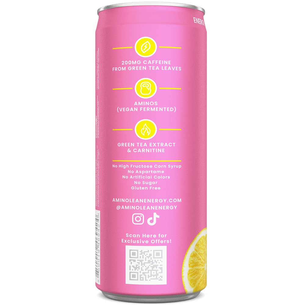 RSP NUTRITION AminoLean Energy Drink – Sugar Free, 200 mg Caffeine, Vegan Aminos, Pink Lemonade (12 Pack)