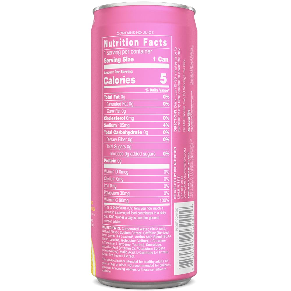 RSP NUTRITION AminoLean Energy Drink – Sugar Free, 200 mg Caffeine, Vegan Aminos, Pink Lemonade (12 Pack)