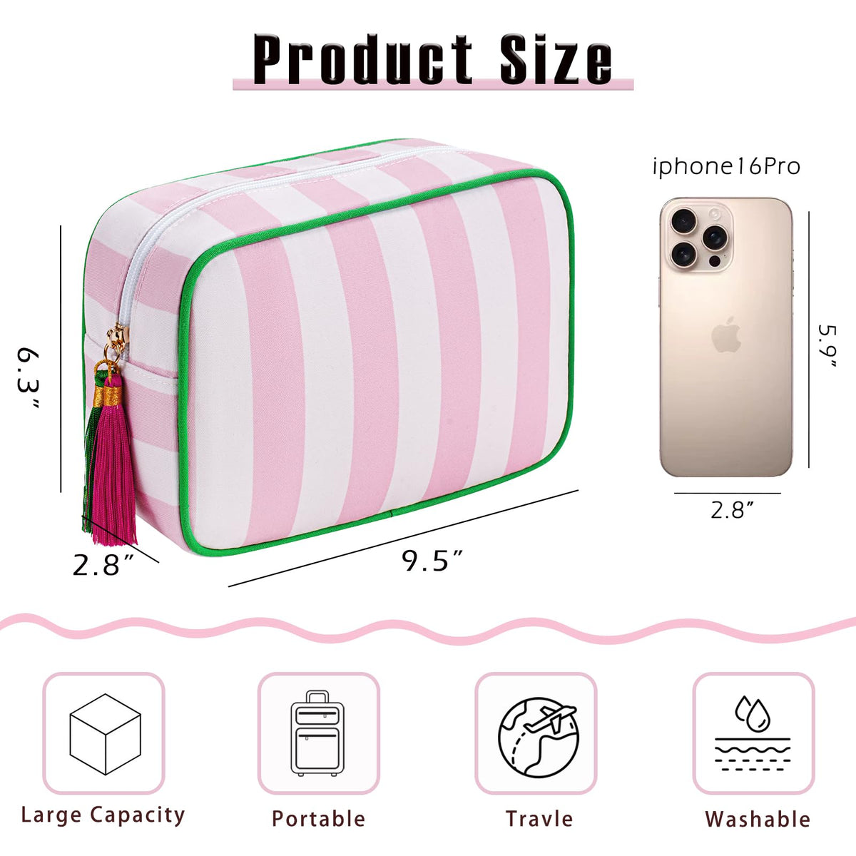 RSRSLEII Large Striped Travel Makeup Bag, Tassel Zippered Toiletry Bag,Pink