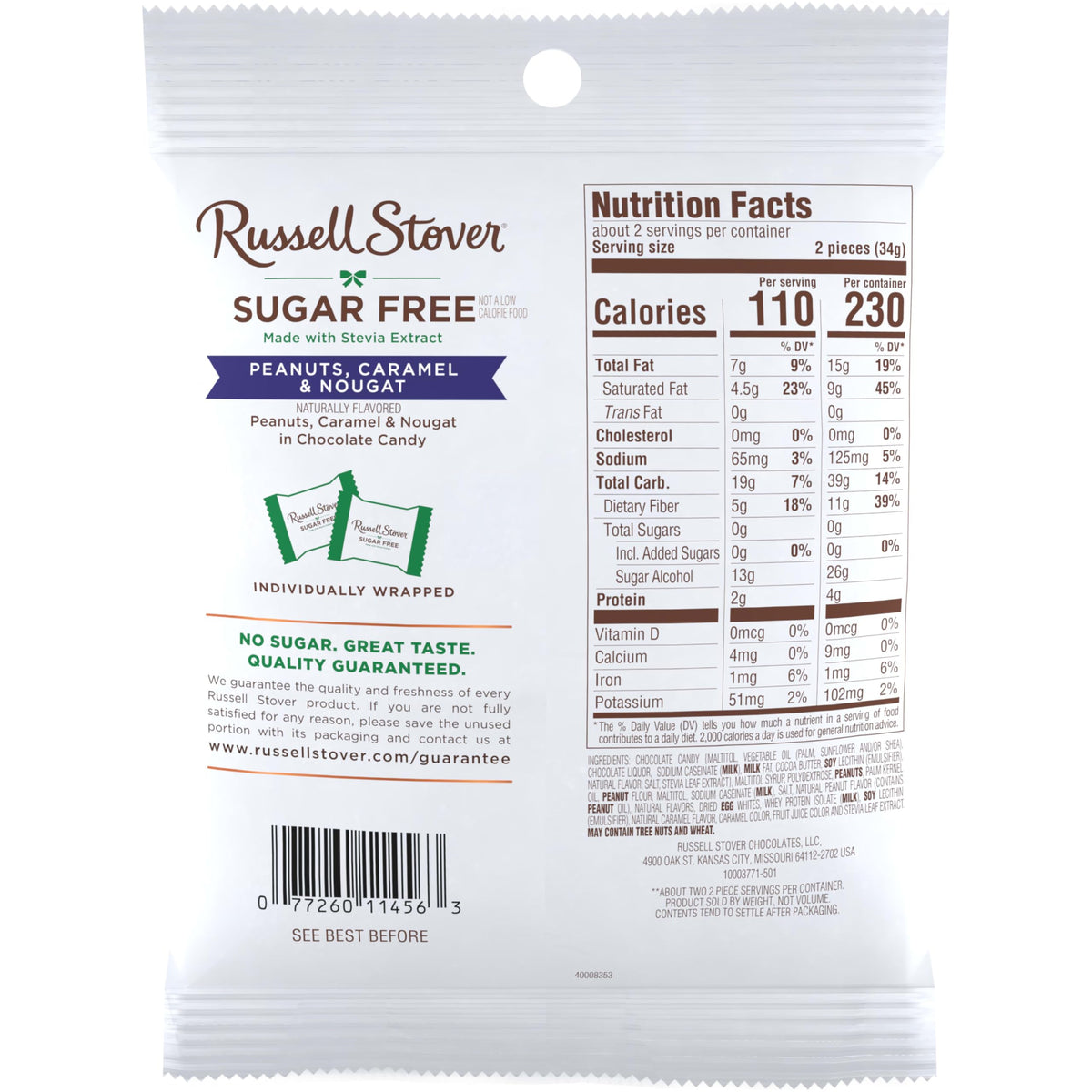 Russell Stover Sugar Free Peanut, Caramel & Nougat Chocolate Candy – 2.4 oz Bag (Pack of 10)