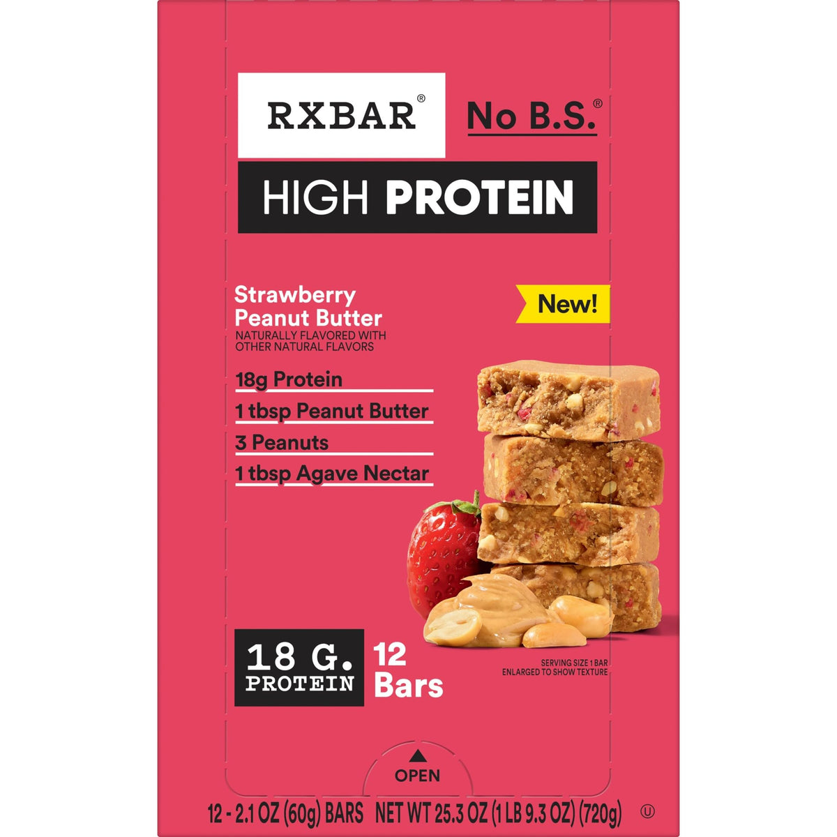 RXBAR High Protein Bars – Gluten Free, Strawberry Peanut Butter, 12 Bars (25.3oz Box)