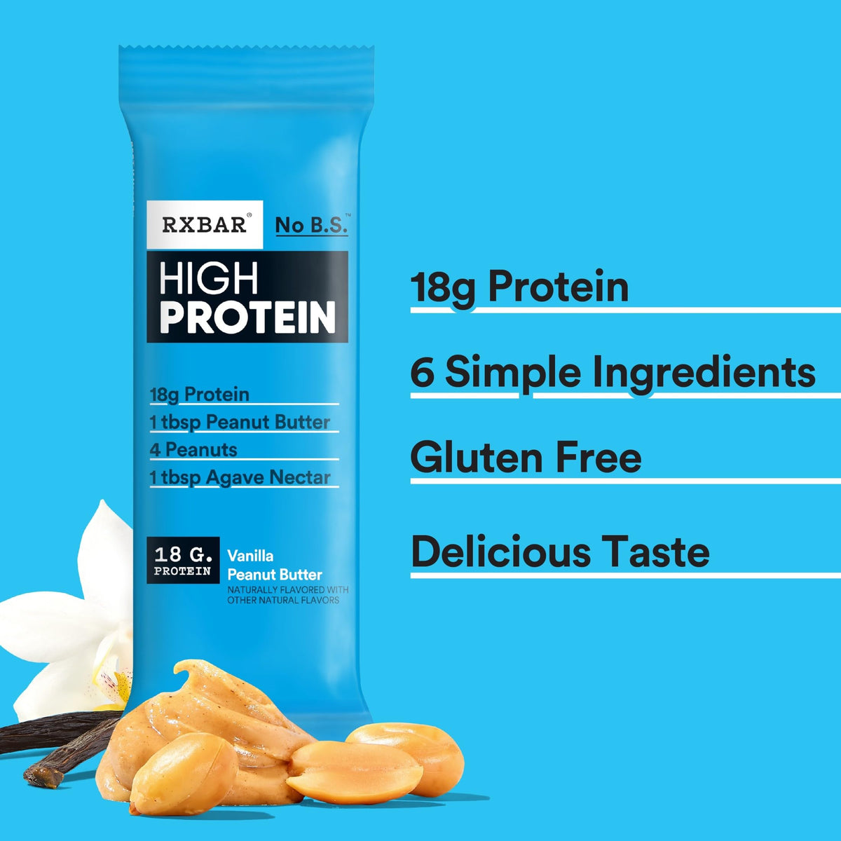 RXBAR High Protein Vanilla Peanut Butter Bars – Gluten Free, Plant-Based Snack (12 Bars)