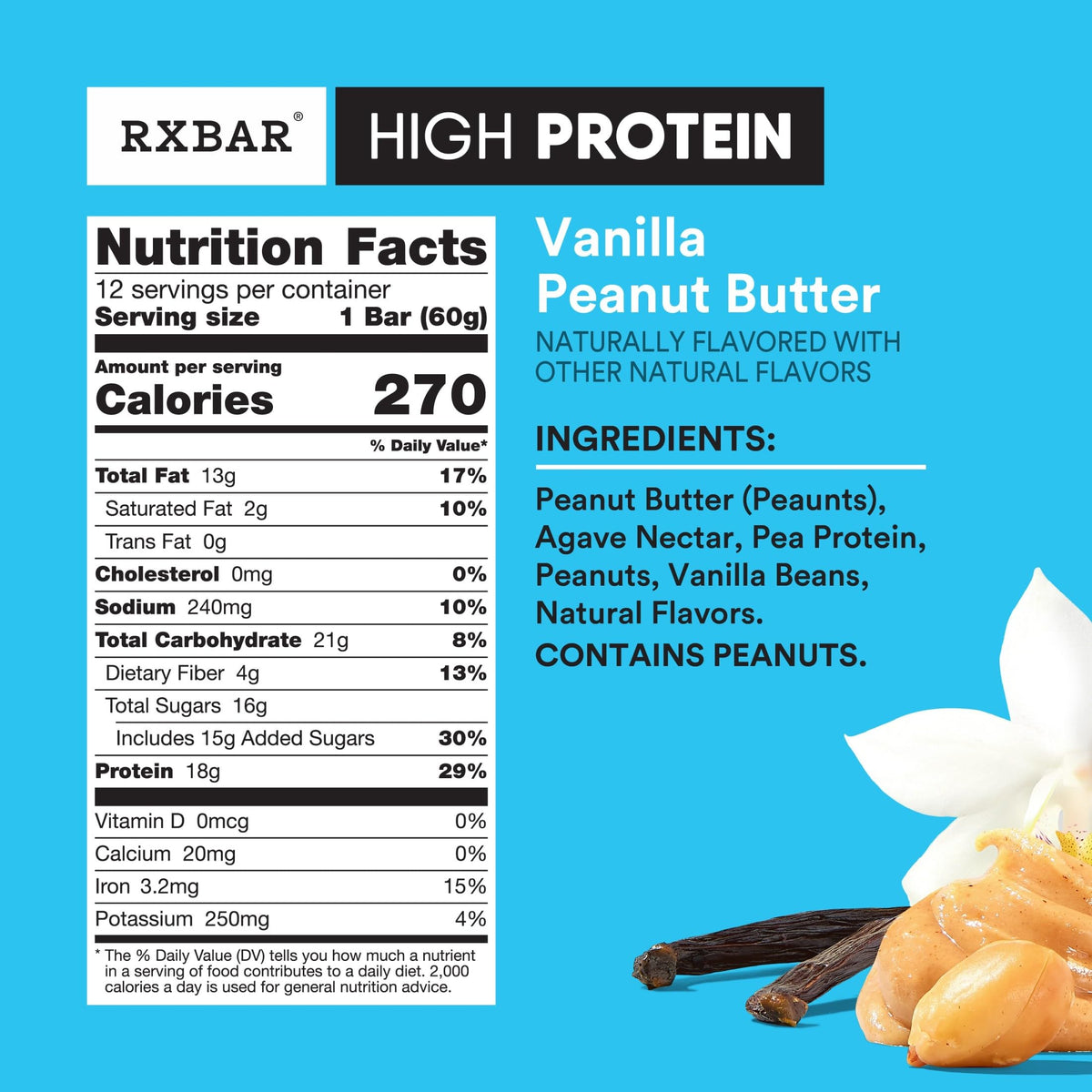RXBAR High Protein Vanilla Peanut Butter Bars – Gluten Free, Plant-Based Snack (12 Bars)