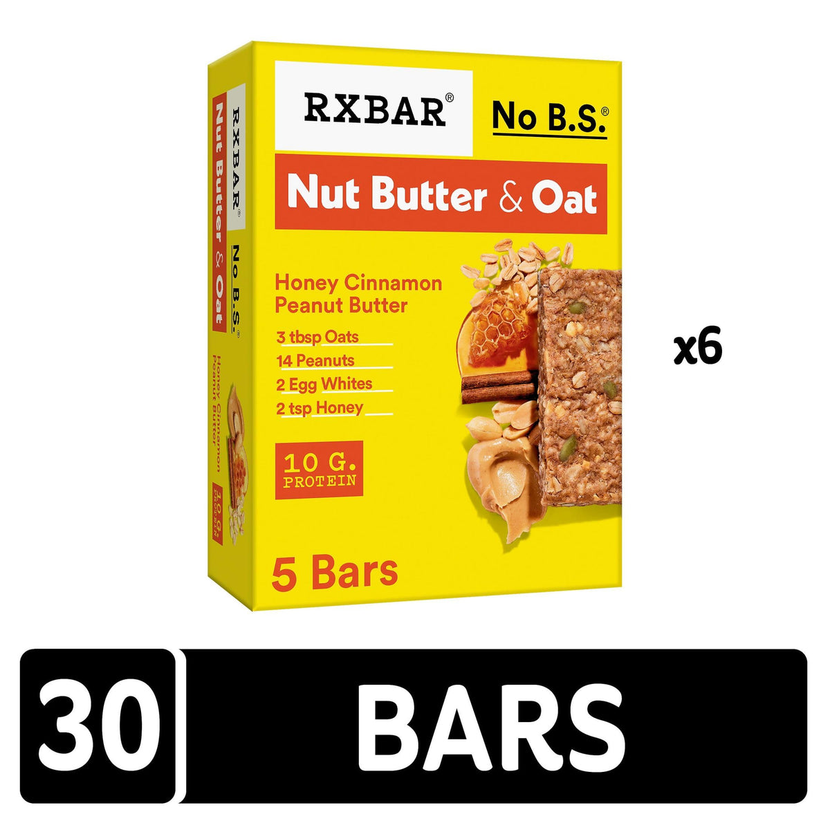 RXBAR Nut Butter and Oat Protein Bars – Honey Cinnamon Peanut Butter (6 Boxes, 30 Bars) | 10g Protein | Gluten Free